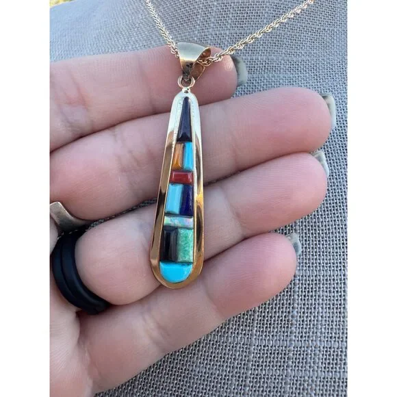 Handmade Gold Filled Over Sterling Silver & Multi Stone Inlay Pendant Necklace
